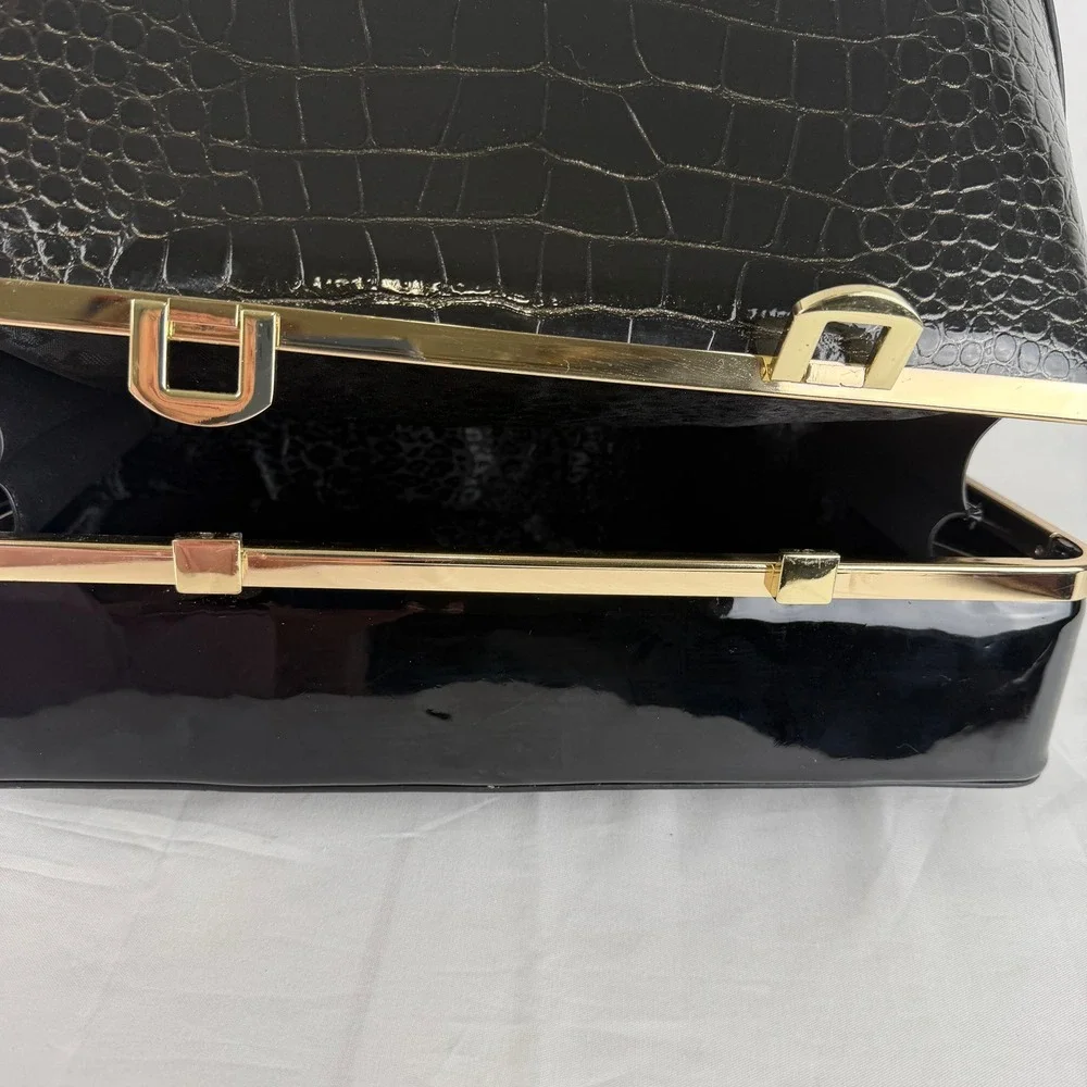 Black Patent Croc Embossed Satchel Handbag Gold Hardware Dual Compartment Bag